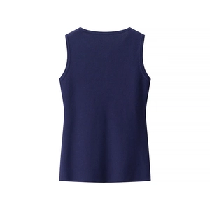 Rear view of a slim-fit dark blue sleeveless knit vest with a clean minimalist straight neckline