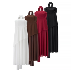 Multiple colors of halter neck dresses with mesh splicing and asymmetrical layered hemlines
