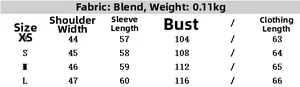 Detailed size guide table for women's satin long sleeve shirt showing XS to L measurements