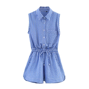 Women Summer Casual Gingham Romper Sleeveless Lapel Button Down Belted Cotton Blend Checkered Short Jumpsuit One Piece