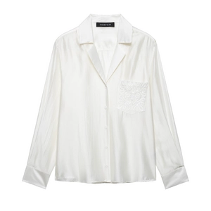 Elegant white satin long sleeve shirt with classic collar and floral pocket embroidery