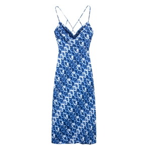 Vestito a Camisole da Donna con Scollo a Cappuccio Stampa Geometrica Senza Maniche Schiena Scoperta Crisscross Slim Fit Vestito Midi