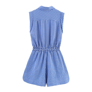 Women's summer sleeveless blue and white gingham romper with waist tie and lapel