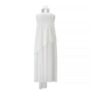 Detail view of white halter neckline dress with asymmetrical layered mesh fabric panels