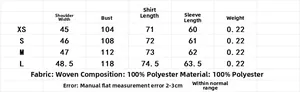 Size chart for solid color loose shirt with 100% polyester fabric measurements in XS to L
