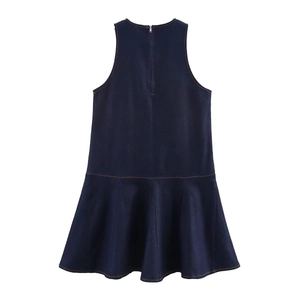 Robe courte en jean sans manches bleu foncé avec coutures et fermeture éclair