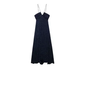 Women's Summer Polka Dot V-Neck Camisole Maxi Dress Navy Blue Ruched Spaghetti Strap Long Dress For Vacation Casual Wear