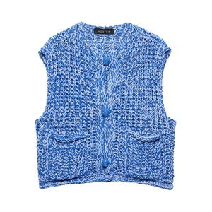 Women sleeveless v-neck chunky knit vest in blue and white with buttons and pockets