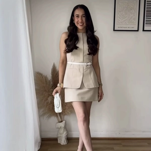 Women's Elegant Two-Piece Skirt Set Sleeveless Polyester Vests Top And A-Line Mini Skirt With Belt Summer Office Lady Outfits