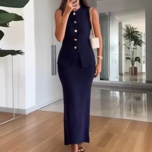 Elegant navy blue knit set with sleeveless gold button top and long straight skirt for women