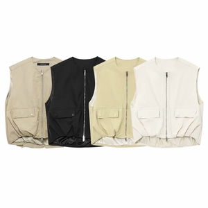 Sleeveless loose-fit zip-up vests in khaki, black, and beige with utility pockets