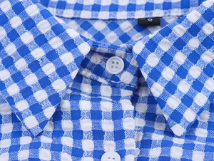 Detailed close-up of blue and white seersucker plaid collar with white four-hole buttons