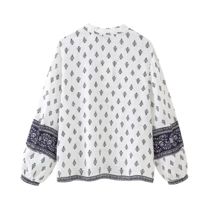 French style white long sleeve shirt with blue geometric prints and bohemian lantern sleeves