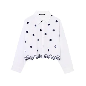 Women Elegant Floral Embroidery Scalloped Hem Poplin Shirt Long Sleeve Single Breasted White Blouse Casual Commute Top