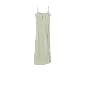 Women's Elegant Sage Green Satin Midi Slip Dress Ruched Bust High Slit Adjustable Spaghetti Strap Vintage Party Dress