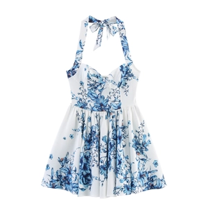 White halter dress with blue floral print and sweetheart neckline for summer fashion
