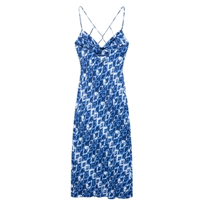 Abito midi estivo da donna con stampa geometrica blu e sofisticato scollo a cappuccio
