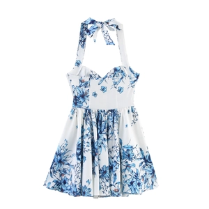 Summer halter dress with blue floral jacquard print and A-line waist cut on white fabric