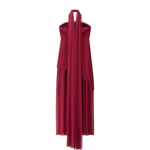 Detail of wine red halter neck dress featuring mesh splicing and long decorative neck ties