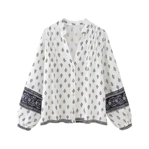 Women French Floral Print Resort Blouse Elegant Long Sleeve V-Neck Button Up Puff Sleeve Pleated Polyester Shirt Top