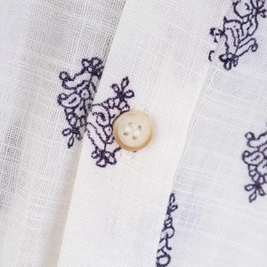 French vintage floral linen shirt with long sleeves and detailed retro blue pattern