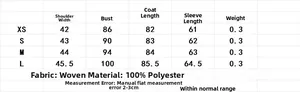 Size chart for blazer coat in woven polyester fabric with measurements in centimeters