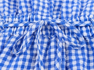 Macro shot of blue vichy plaid fabric with drawstring waist tie and ruffle detail