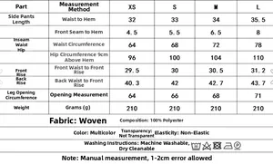 Detailed size chart for leopard print shorts showing measurements for XS S M and L sizes