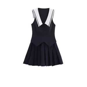 Women Sailor Collar Sleeveless Pleated Mini Dress Preppy Style Contrast Color Bow Back A-Line Short Dress Streetwear