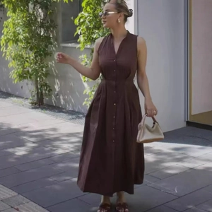 Elegant brown sleeveless V-neck midi dress with waist belt and button-front design