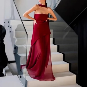 Elegant burgundy mesh splice strapless maxi dress with halter neck tie for women