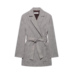 Women's plaid blazer with waist tie and large patch pockets in taupe brown check