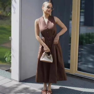 Elegant brown sleeveless V-neck midi dress with buttons and a stylish waist belt