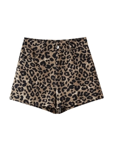 Detail view of leopard print high-waisted shorts with metal button and belt loops