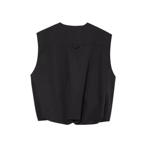 Detail view of the back of a black minimalist sleeveless vest with a semi-circle design