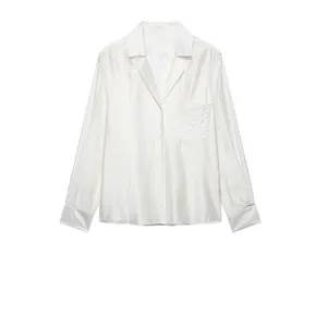 Women Elegant Satin Long Sleeve Shirt Embroidered Pocket Loose Button Down Blouse Top For Office Commute Artificial Pearl White