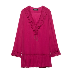 Fuchsia Langarmkleid mit V-Ausschnitt, Rüschensaum und Quastenbindung für Damen