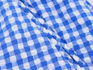 Detailed macro view of blue and white gingham seersucker fabric texture with ripples