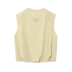 Back view of minimalist khaki vest top featuring clean horizontal seams and hanging loop detail