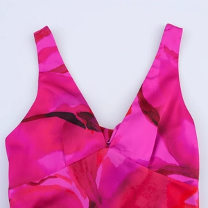Floral print V-neck satin dress for women with vibrant red and purple patterns