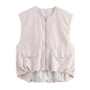 Women's summer light pink sleeveless loose utility vest with front zipper and large pockets