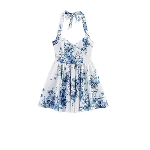 Women Halter Neck Mini Dress Blue Floral Print Sweetheart Neckline Back Tie Bow High Waist A-Line Polyester Summer Vacation Dress