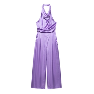 Elegant purple satin halter neck jumpsuit with draped neckline and wide-leg trousers