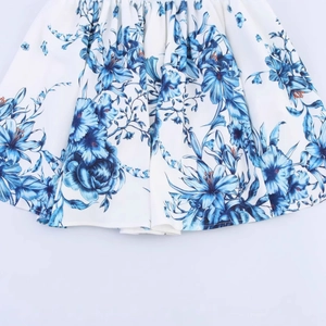 Summer halter neck short dress with white and blue floral jacquard print design