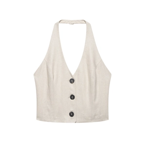 Women's summer beige linen vest with deep V-neck and black buttons on white background