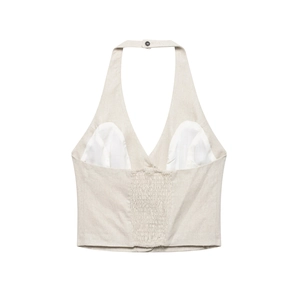 Women's cream halter neck cropped top with smocked back detail and textured fabric