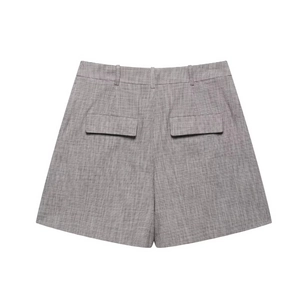 Women's summer commute grey plaid suit shorts with flap pockets and belt loops