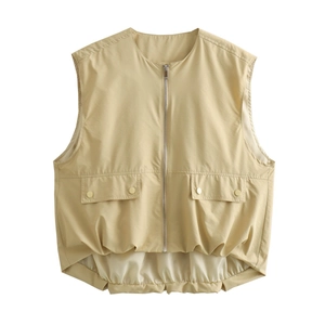 Women's summer loose round neck khaki zipper vest with cargo pockets and pleated hem