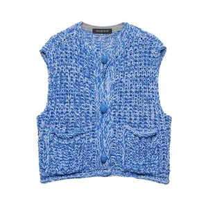 Women Casual V-Neck Coarse Knit Sweater Vest Mixed Blue Sky White Sleeveless Cardigan Style Top With Buttons And Pockets