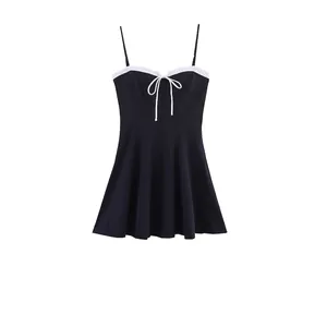 Robe Mini à Bretelles Noire pour Femmes Bordure Dentelle Blanche Nœud Trapèze Bretelles Réglables Robe de Soirée Streetwear Été
